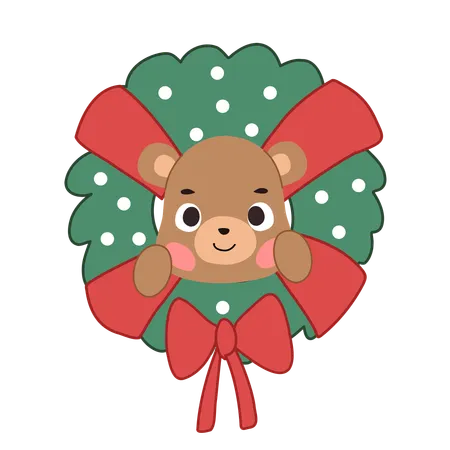 Adorable oso kawaii acurrucado en una corona navideña, mostrando un alegre espíritu navideño.  Ilustración