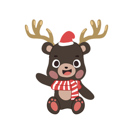 Adorable oso navideño con bufanda festiva, cuernos de reno y gorro navideño.  Ilustración