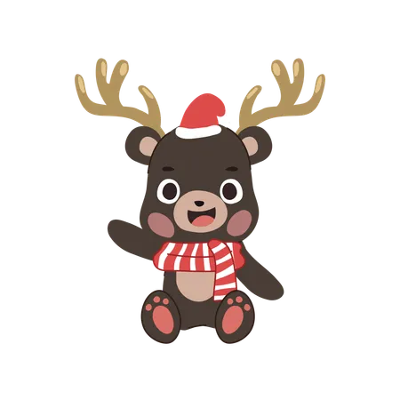 Adorable oso navideño con bufanda festiva, cuernos de reno y gorro navideño.  Ilustración