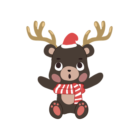 Adorable oso navideño con bufanda festiva, cuernos de reno y gorro navideño.  Ilustración