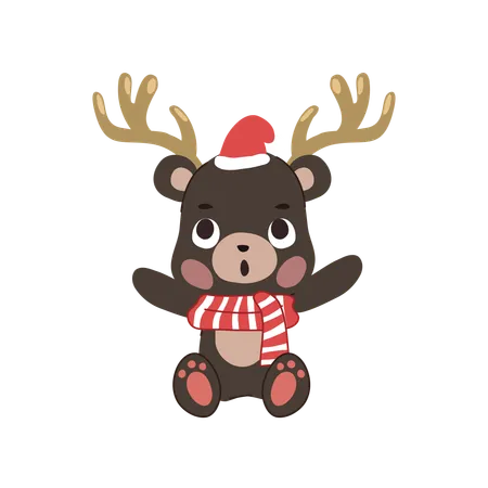 Adorable oso navideño con bufanda festiva, cuernos de reno y gorro navideño.  Ilustración