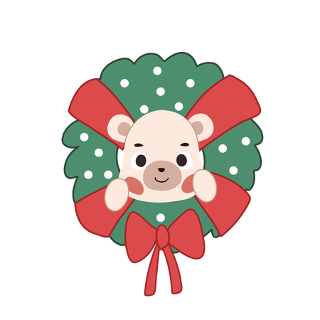 Adorable ours kawaii niché dans une couronne de Noël, mettant en valeur un esprit de vacances joyeux  Illustration