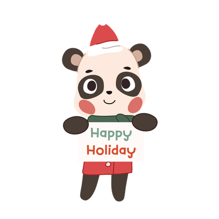 Adorable panda dressed in a festive Christmas costume holding a "Happy Holiday" sign  Illustration