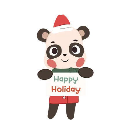 Adorable panda dressed in a festive Christmas costume holding a "Happy Holiday" sign  Illustration