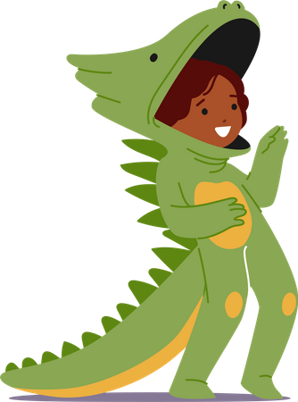 Adorable personaje de niña con disfraz de dinosaurio verde  Ilustración
