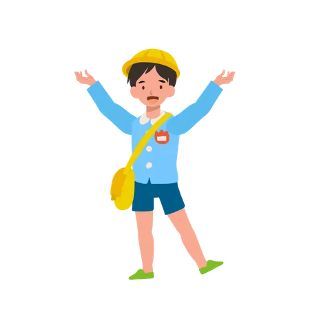 Adorable Preschooler in Japanese Kindergarten Attire Expressing Joy with Open Arms  Illustration