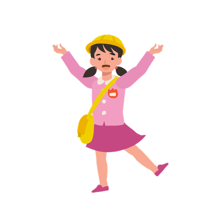 Adorable preschooler in traditional Japanese kindergarten attire expressing happiness with wide open arms  Illustration