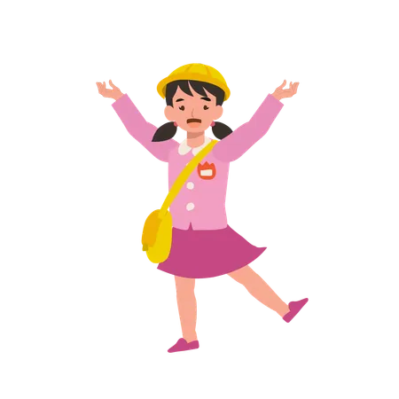 Adorable preschooler in traditional Japanese kindergarten attire expressing happiness with wide open arms  Illustration