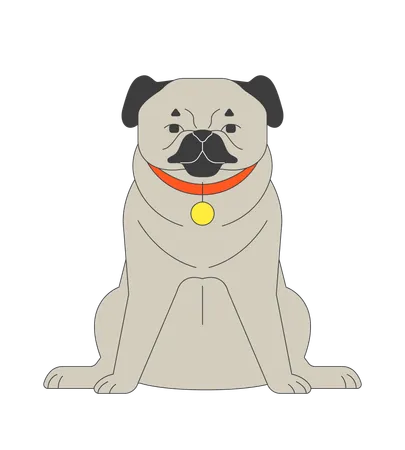 Adorable pug sentado con etiqueta de collar  Ilustración