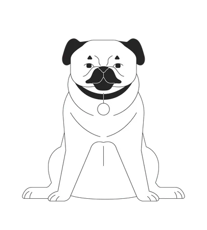 Adorable pug sentado con etiqueta de collar  Ilustración