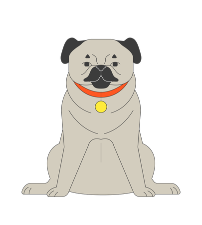 Adorable sitting pug with collar tag  Illustration