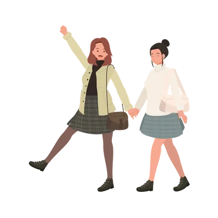 Adorable Teenage girls walking together  Illustration