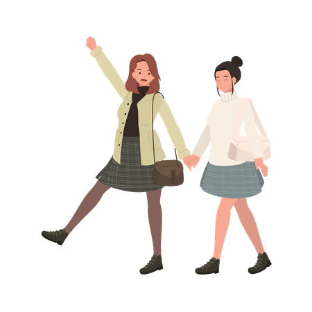 Adorable Teenage girls walking together  Illustration