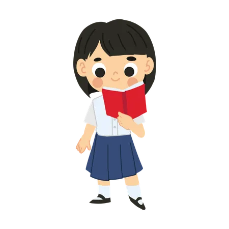 Adorable Thai Little Girl In School Uniform Reading Kawaii Character Illustration