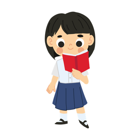 Adorable Thai Little Girl in School Uniform Reading  Illustration