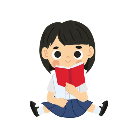 Learning And Study Concept Adorable Thai Student Cartoon Sitting And Reading Book Illustration