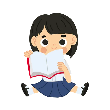 Adorable Thai Student Sitting and Reading Book  Illustration