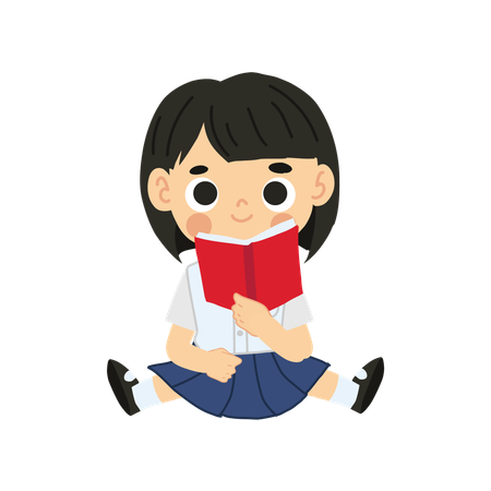 Adorable Thai Student Sitting and Reading Book  Illustration