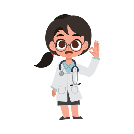 Adorable woman doctor cartoon in uniform making ok sign cute medical profession  Illustration