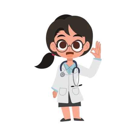 Adorable woman doctor cartoon in uniform making ok sign cute medical profession  Illustration