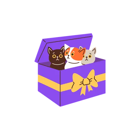 Adorables gatitos acurrucados en una caja de cartón amarilla con un lazo.  Ilustración