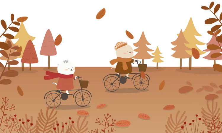 Lindo casal de gatos andando de bicicleta  Ilustração