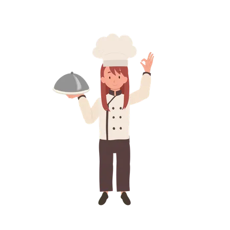 Adorável chef infantil com chapéu de chef fazendo sinal de mão ok  Ilustração