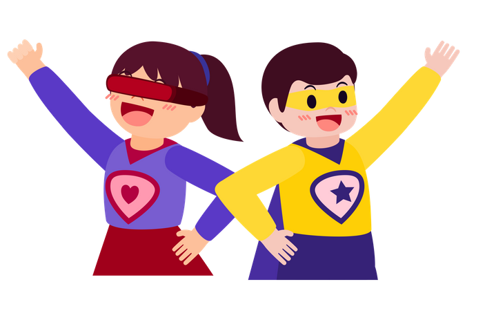 Adorável menino e menina em fantasias de super-heróis e máscaras do dia do herói da festa  Ilustração