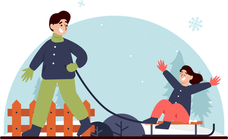 Ados jouant à la luge sur neige  Illustration