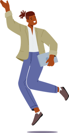 Adult African with Laptop in Hand Jumping Illustration