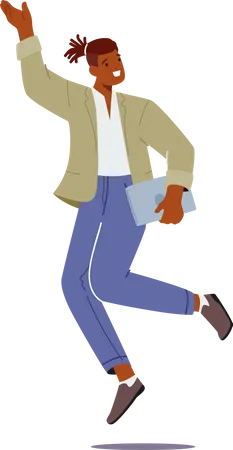 Adult African with Laptop in Hand Jumping Illustration