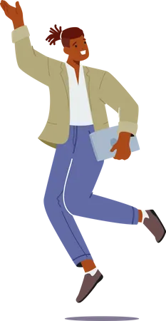 Adult African with Laptop in Hand Jumping  Illustration