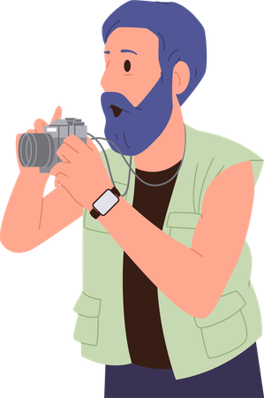 Adult bearded man tourist photographing sightseeing during excursion  Illustration