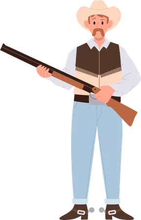 Mature Adult Cowboy Cartoon Character Wearing Vintage Traditional Clothing Holding Rifle Weapon Standing Isolated On White Background Gunman Sheriff Man Guarding People Safety Vector Illustration イラスト