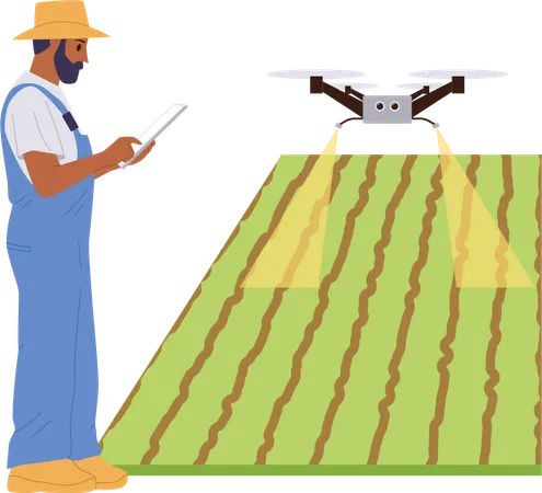 Adult farmer using remote mobile controlled drone for pesticide treatment  Illustration