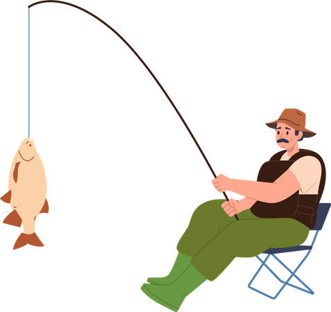 Adult fisherman holding caught fresh fish on rod while sitting on chair  Illustration