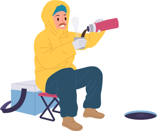 Adult fisherman pouring hot coffee taking break during winter fishing  イラスト