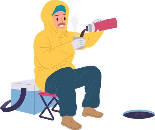 Adult fisherman pouring hot coffee taking break during winter fishing  イラスト
