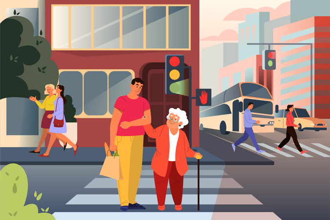 Adult male helping old lady cross the street Illustration