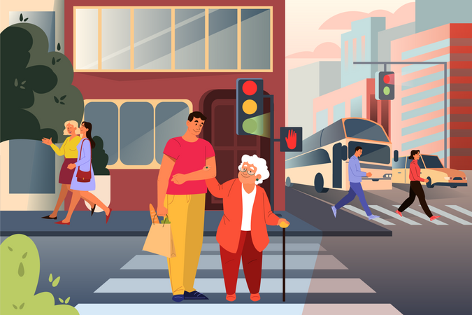 Adult male helping old lady cross the street  Illustration