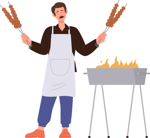 Adult man holding skewer with freshly fried barbecue  Illustration