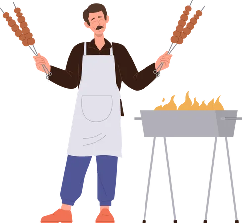 Happy Smiling Adult Man Cartoon Character Holding Skewer With Freshly Fried Barbecue Meat Prepared On Open Fire Grill Roaster Vector Illustration Isolated On White Background Outdoor Picnic Party Illustration