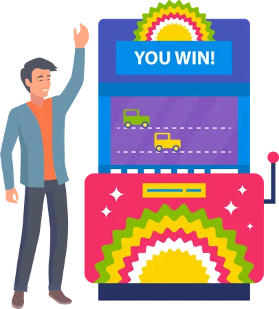 Game Machine With Cars Competition Vector Racing Of Transport Driving In Line Man Smiling Of Victory Winner Of Competitive Race Box With Bright Panel Illustration