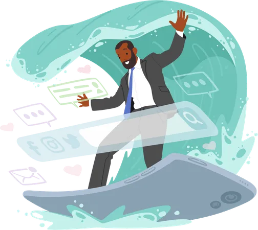 Adult Man Skillfully Rides Digital Wave Atop A Smartphone Character Surfing The Virtual Currents Using Technology In A Captivating Display Of Modern Connectivity Cartoon People Vector Illustration Illustration