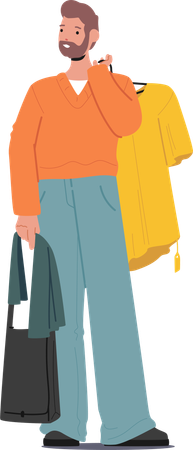 Adult man shopper holding t-shirt waiting to pay for purchase  Illustration