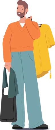 Adult man shopper holding t-shirt waiting to pay for purchase  Illustration