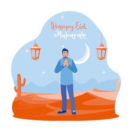 Adult Man Standing In The Desert Welcoming Eid Al Fitr  Illustration