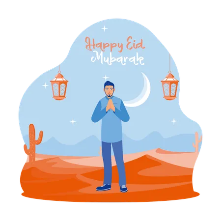Adult Man Standing In The Desert Welcoming Eid Al Fitr  イラスト