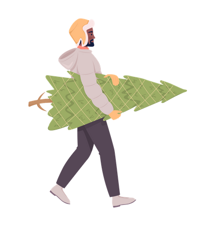 Adult man walking home with real Christmas tree Illustration