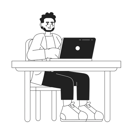 Beard Indian Adult Man Working On Laptop Office Black And White 2 D Cartoon Character South Asian Bearded Male Sitting At Desk Isolated Vector Outline Person Monochromatic Flat Spot Illustration Illustration